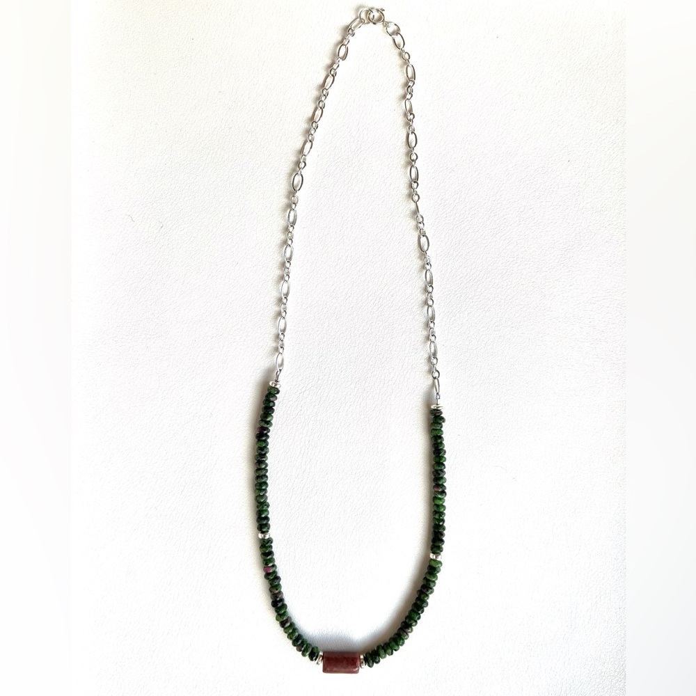 Deep Green Gemstone Beaded & Silver Chain Necklace